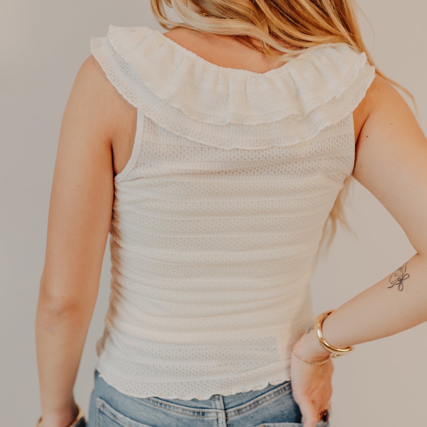 Doe & Rae | Stripe Tie Strap Ruffle V-Neck Top | Off White