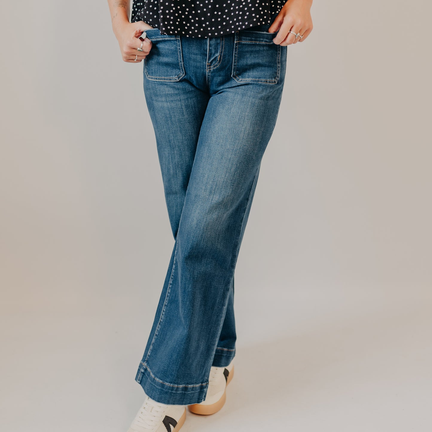 Flying Monkey | High Rise Front Patch Pocket Wide Trouser | Dark Denim