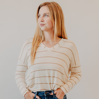 Blu Pepper | Striped V-Neck Drop Shoulder Top | Cream