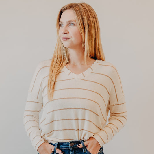 Blu Pepper | Striped V-Neck Drop Shoulder Top | Cream