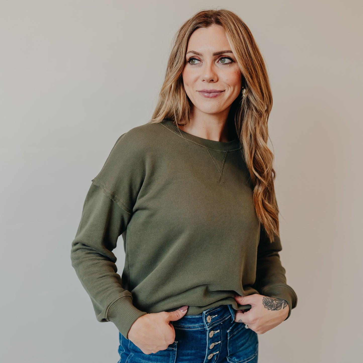 Staccato | Wide Neck Oversized Terry Top | Dk Green