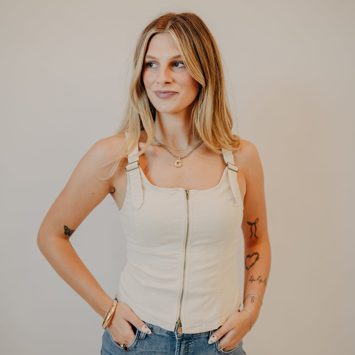 Doe & Rae | Adjustable Buckle Strap Top | Ecru