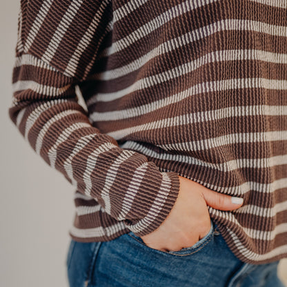 Gilli | Round Neck Long Sleeve Stripe Top | Brown Cream