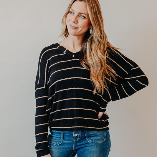 Blu Pepper | Striped V-Neck Drop Shoulder Top | Black