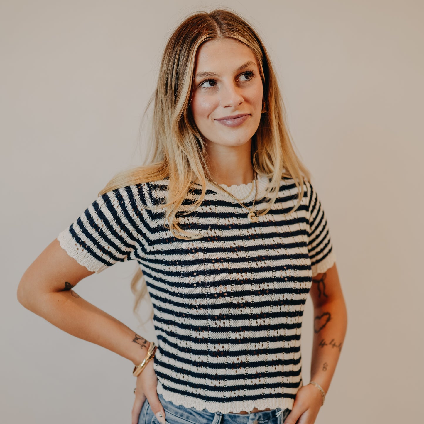 Doe & Rae | Scallop Edge Striped Top | Ivory Navy