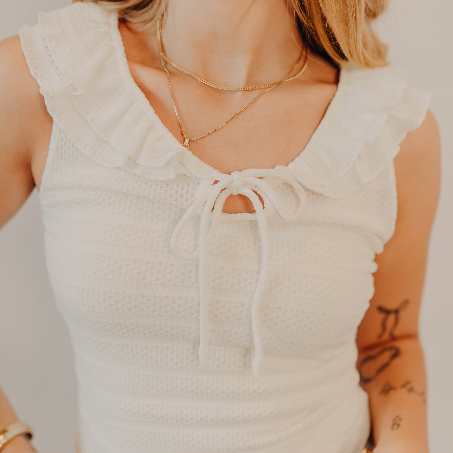 Doe & Rae | Stripe Tie Strap Ruffle V-Neck Top | Off White