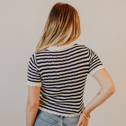 Doe & Rae | Scallop Edge Striped Top | Ivory Navy