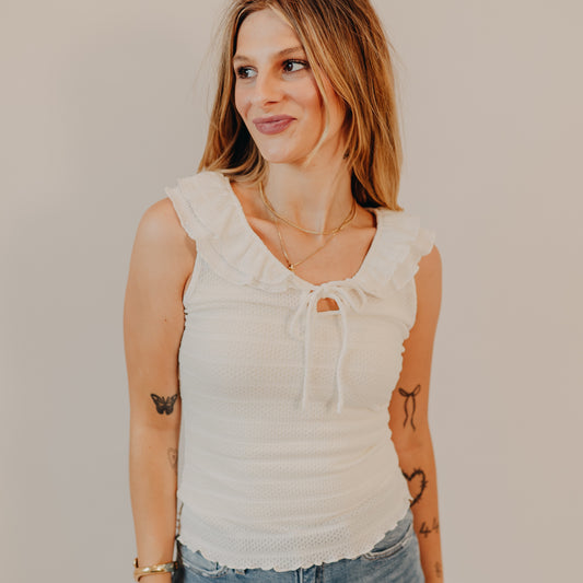 Doe & Rae | Stripe Tie Strap Ruffle V-Neck Top | Off White