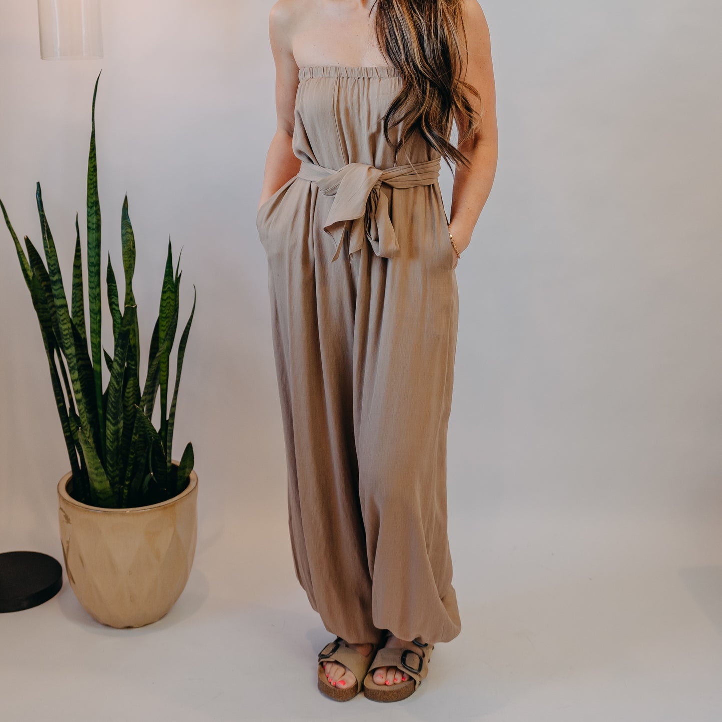 Fun2Fun | Front Tie Tube Jumpsuit | Taupe