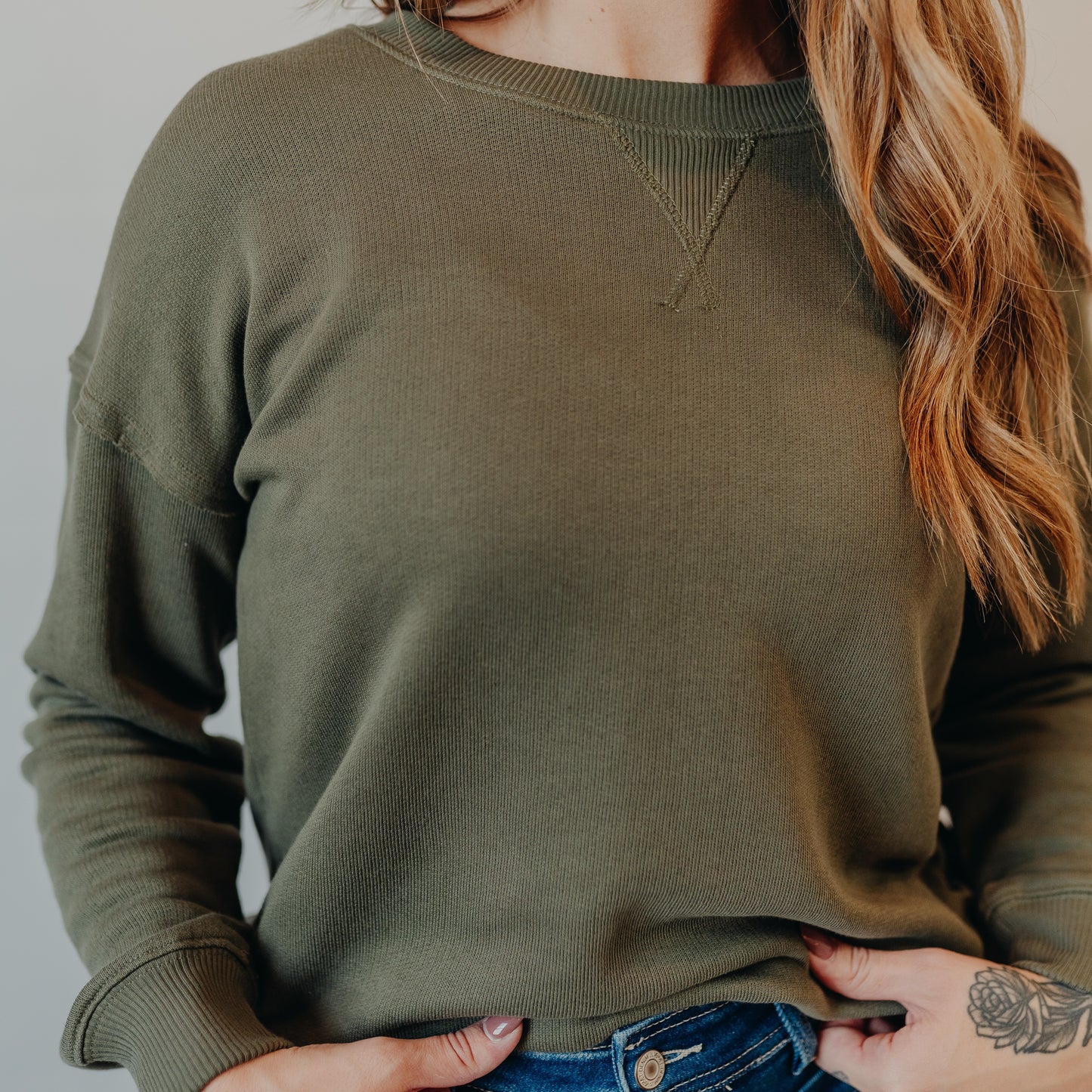 Staccato | Wide Neck Oversized Terry Top | Dk Green