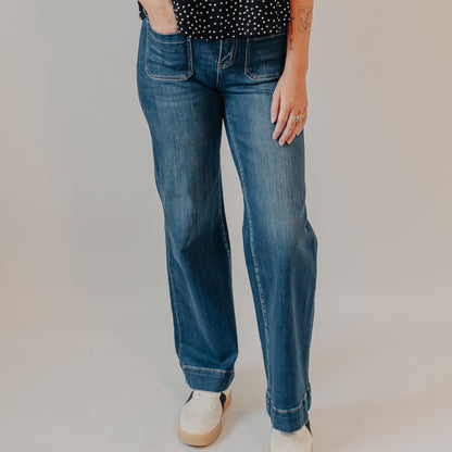 Flying Monkey | High Rise Front Patch Pocket Wide Trouser | Dark Denim