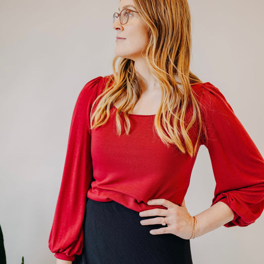 Square Neck Top with Puffed Sleeves | Burgundy