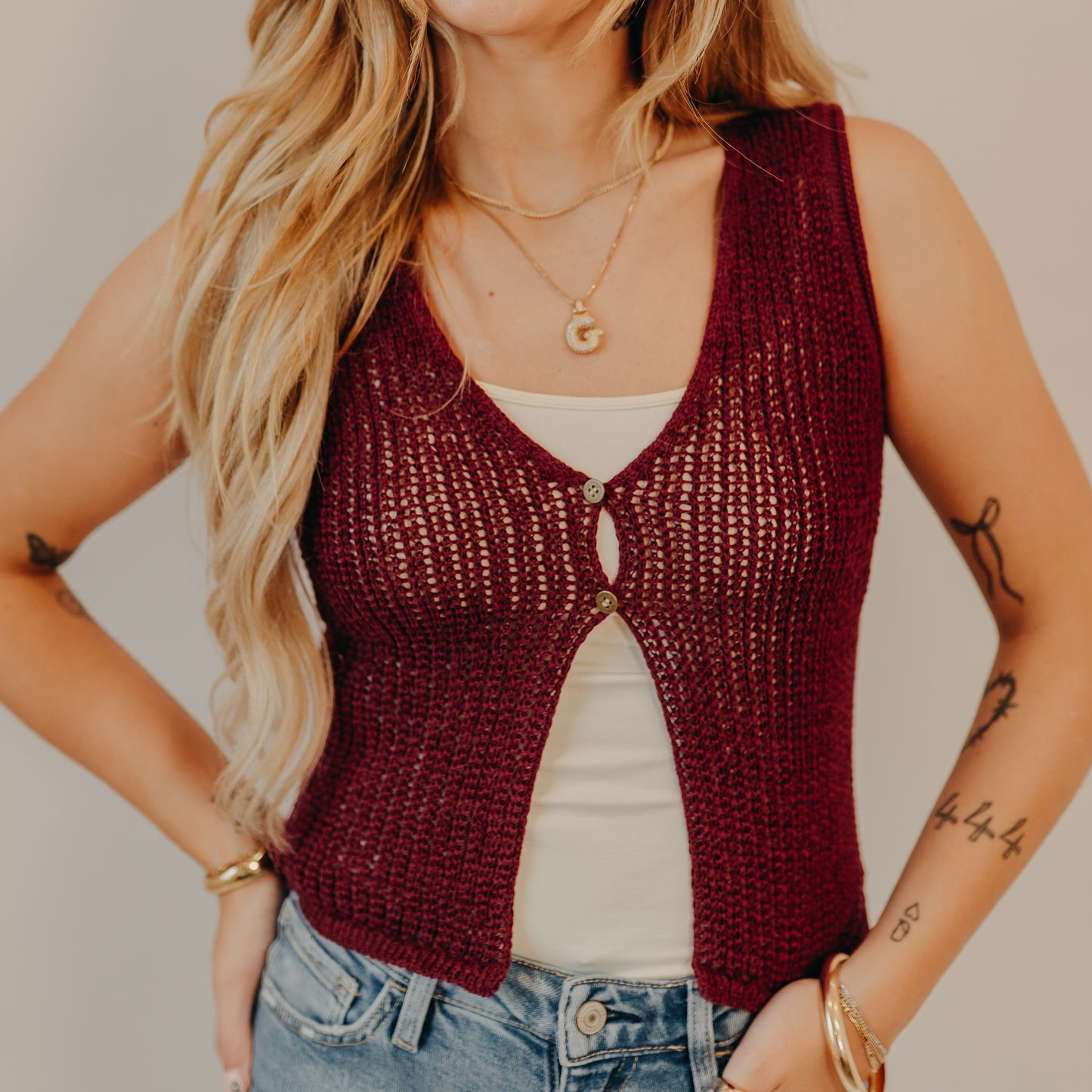 Blu Pepper | V-Neck Crocheted Vest | Burgundy