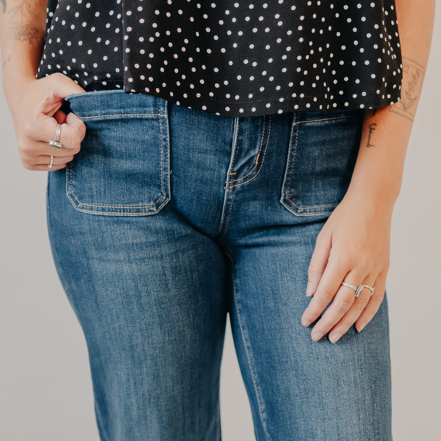 Flying Monkey | High Rise Front Patch Pocket Wide Trouser | Dark Denim