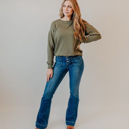 Vervet | Mid Rise Flare w/Patch Trouser Hem | Gleefully