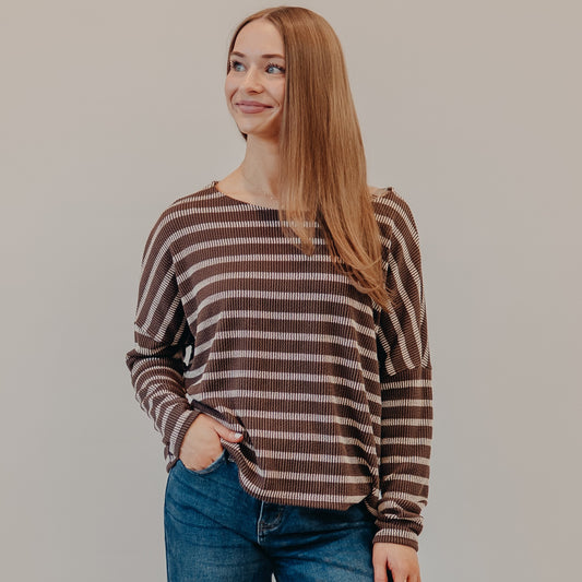 Gilli | Round Neck Long Sleeve Stripe Top | Brown Cream