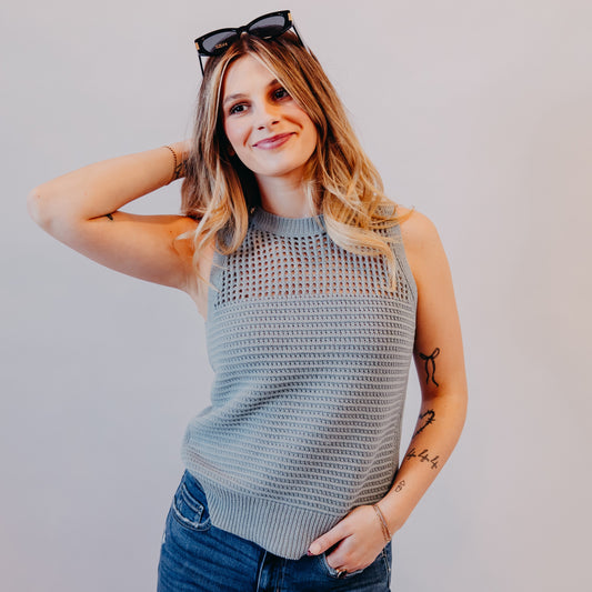 Staccato | Pointelle Texture Sweater | Dusty Blue