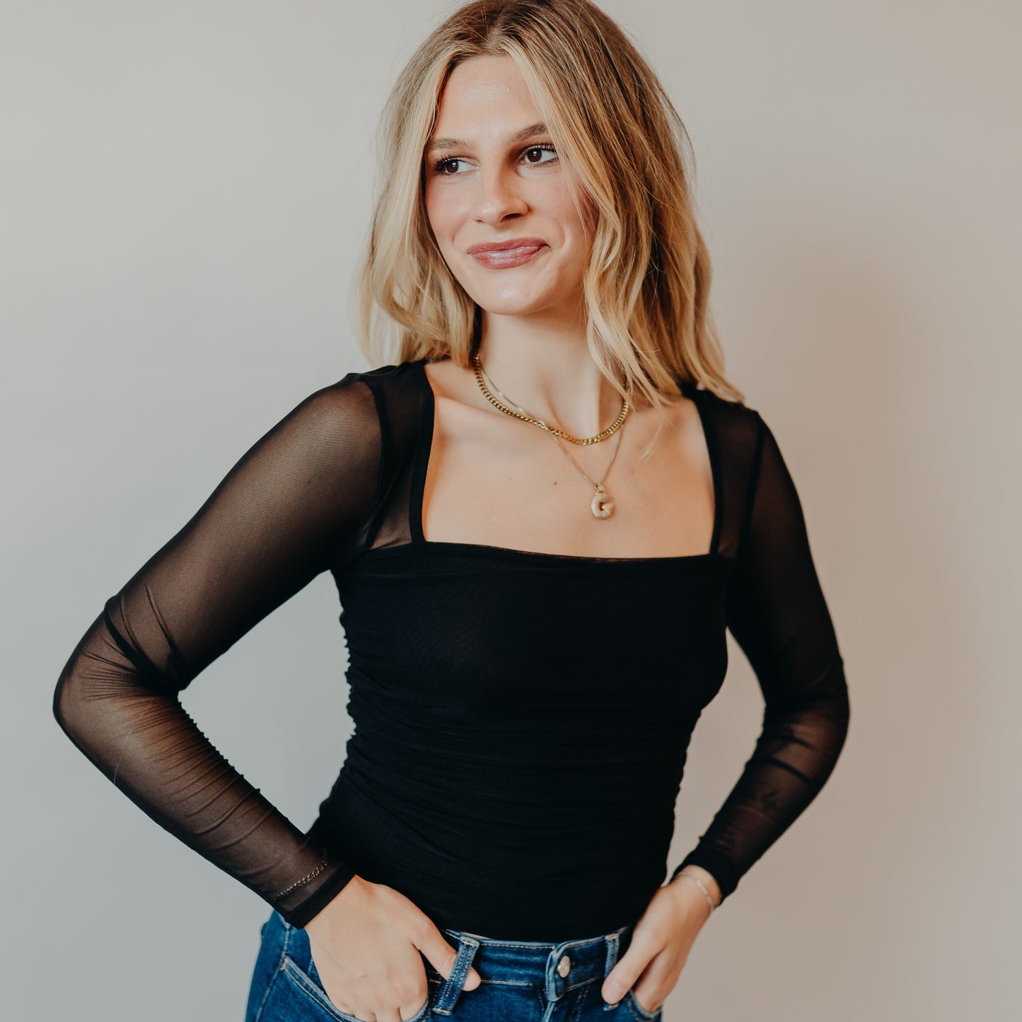 Blu Pepper | Ruched Waist Square Neck Top | Black