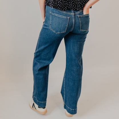 Flying Monkey | High Rise Front Patch Pocket Wide Trouser | Dark Denim