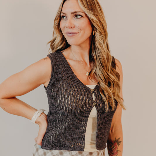 Blu Pepper | V-Neck Crocheted Vest | Charcoal