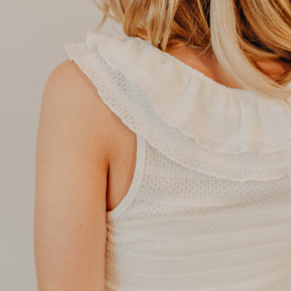 Doe & Rae | Stripe Tie Strap Ruffle V-Neck Top | Off White