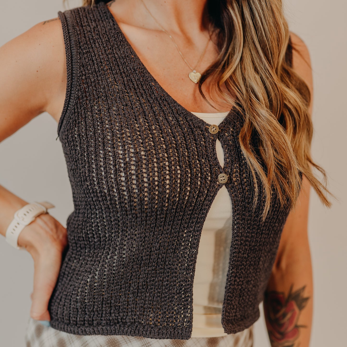 Blu Pepper | V-Neck Crocheted Vest | Charcoal