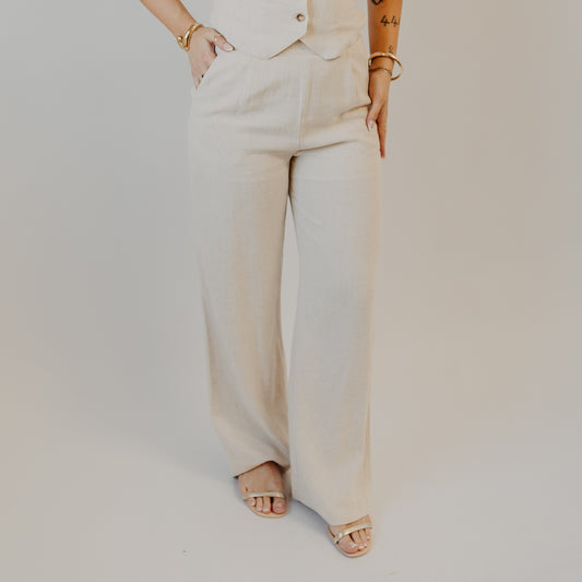 Blu Pepper | High Waist Wide Leg Linen Pants | Oatmeal