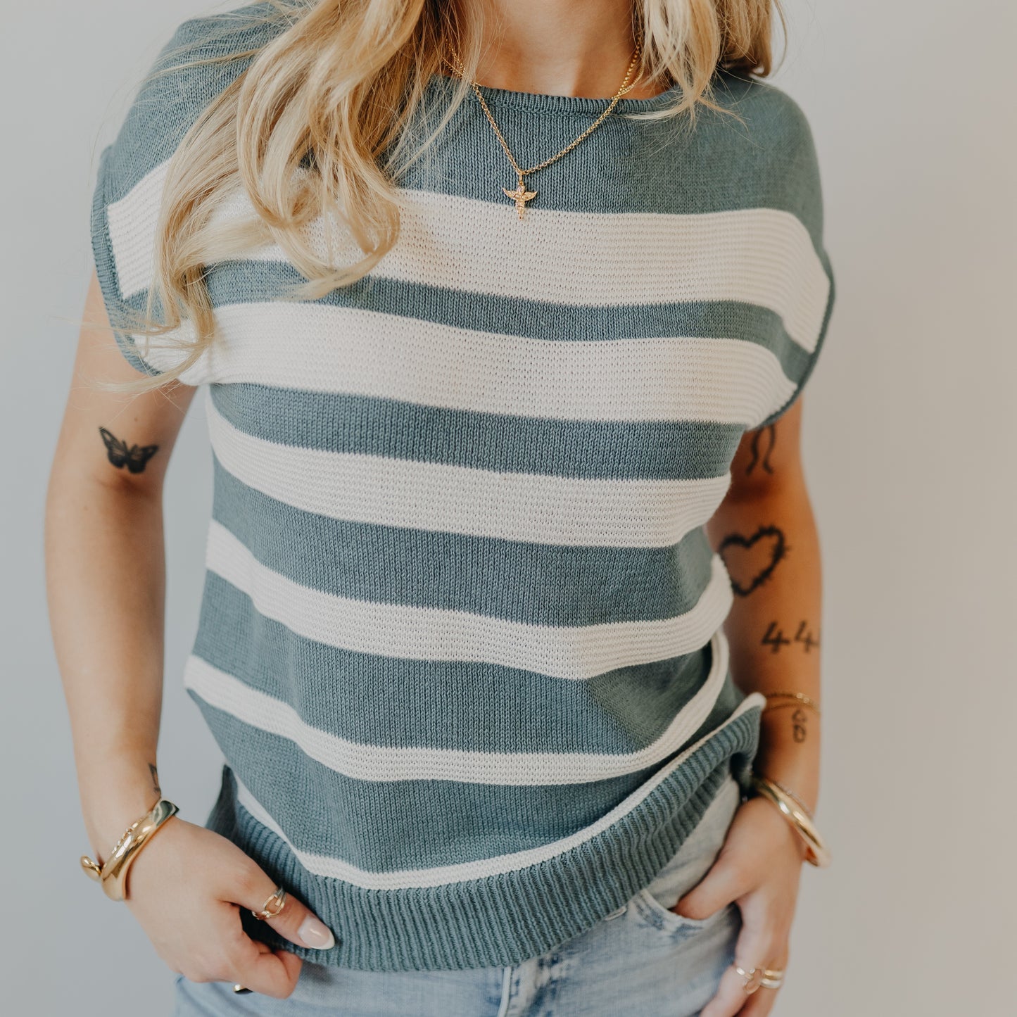 Staccato | Striped Pointelle Sweater | Slate Blue