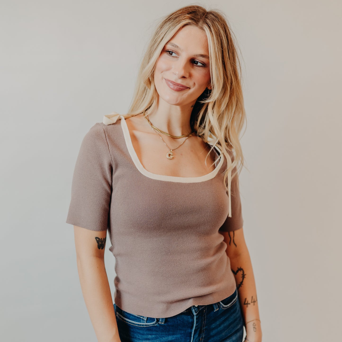 Wishlist | Suare Neck Ribbed Top | Mushroom White