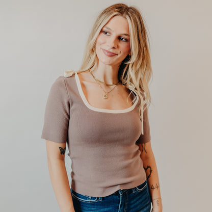 Wishlist | Suare Neck Ribbed Top | Mushroom White