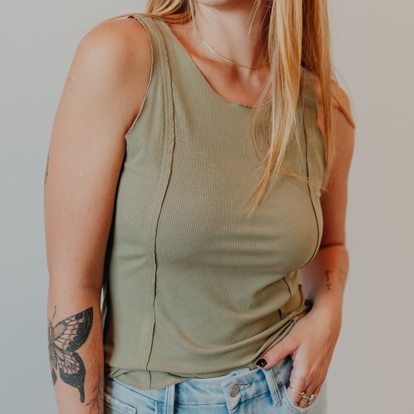 Doe & Rae | Soft Ribbed Lettuce Edge Tank | Sage Green