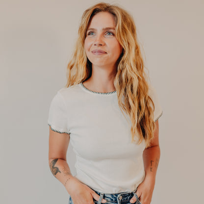 Doe & Rae | Jersey Tee w/Blanket Stitch | Off White