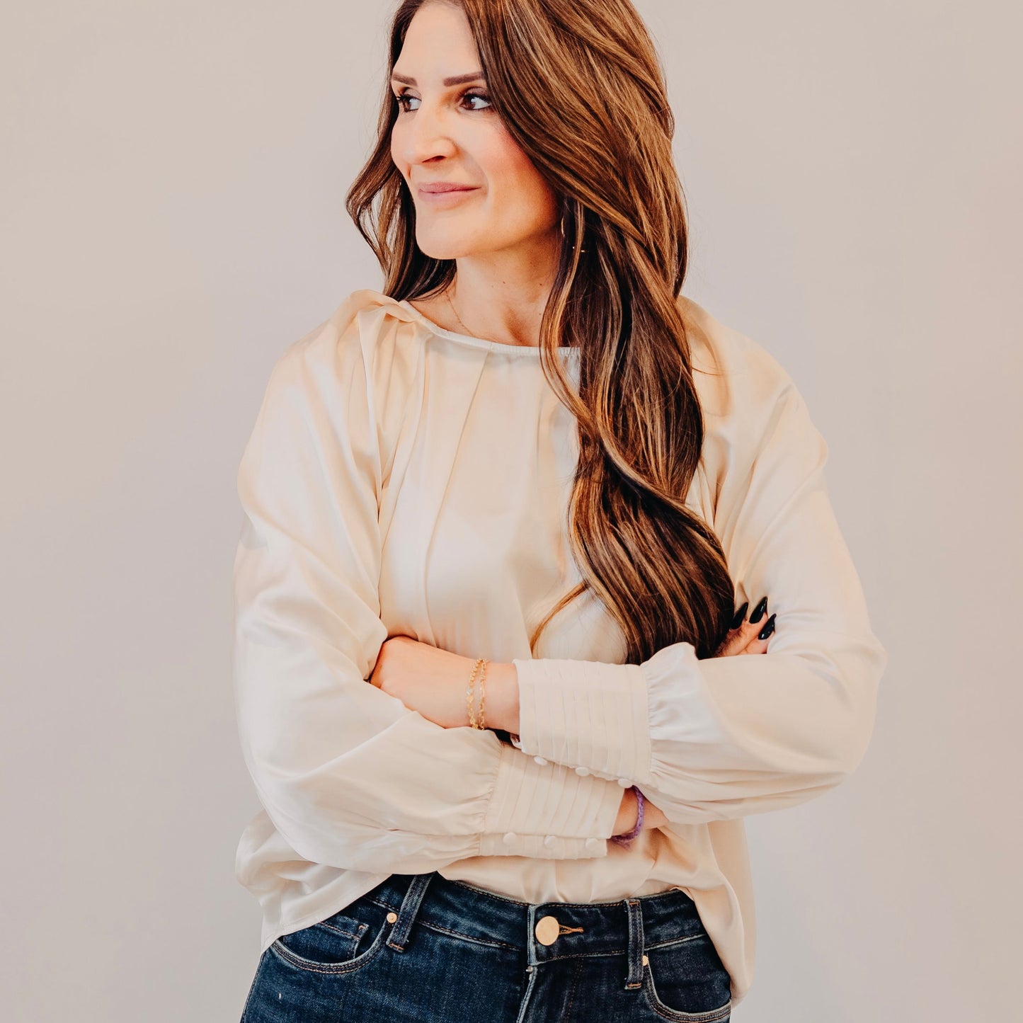 Satin Bishop Sleeve Top | Champagne