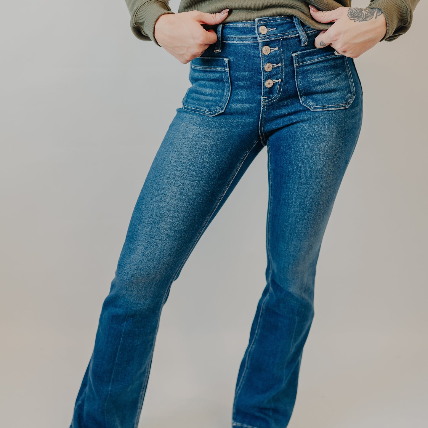 Vervet | Mid Rise Flare w/Patch Trouser Hem | Gleefully