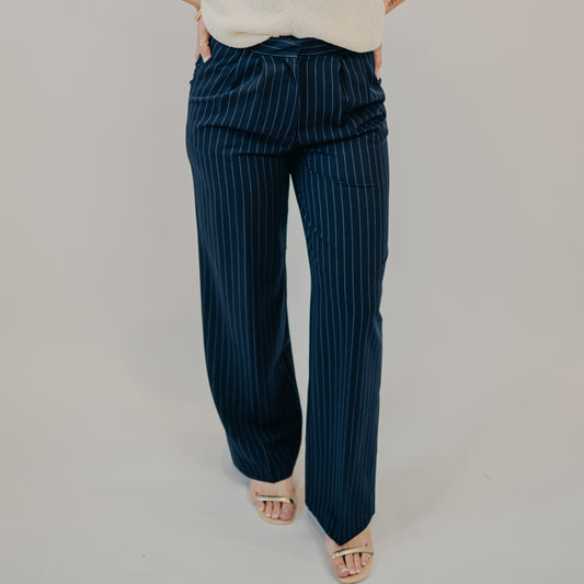 Blu Pepper | Pinstripe Pleated Wide Leg Dress Pants | Navy