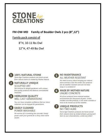 Family of Boulder Owls 2 Pcs 8"12"