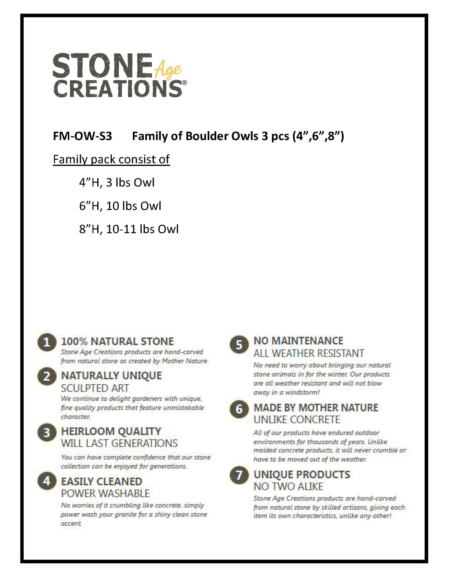 Family of Boulder Owls 3 Pcs 4" 6" 8"