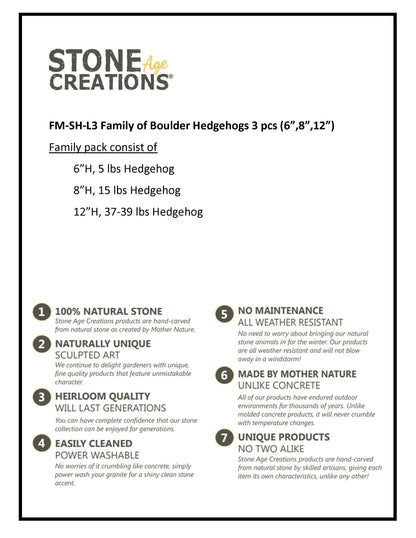 Family of Boulder Standing Hedgehogs 3 Pcs 6"8"12"