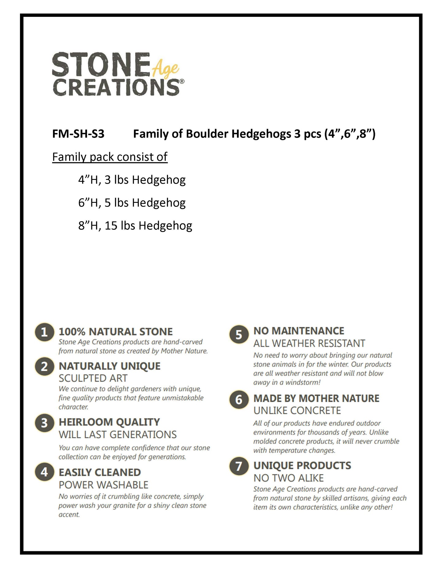 Family of Boulder Standing Hedgehogs 3 Pcs 4"6"8"