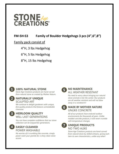 Family of Boulder Standing Hedgehogs 3 Pcs 4"6"8"