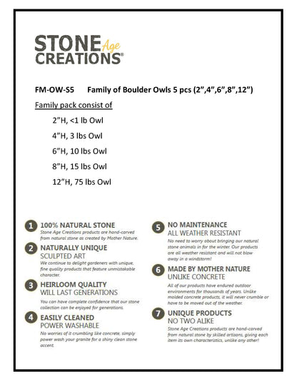 Family of Boulder Owls 5 Pcs 2"4"6"8"12"